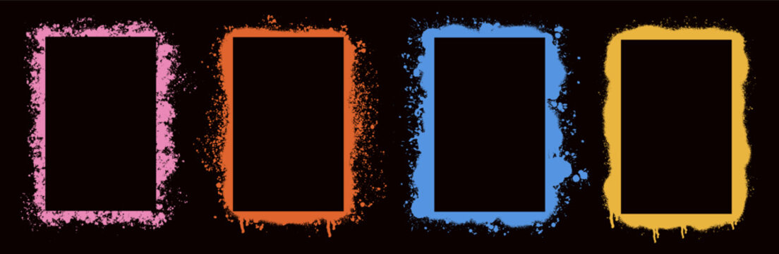 Stencil frame dirty texture rectangle border. Color border with spray effect and spot and urban graffiti style. Paint splash a borders with drips