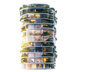 Modern High Rise Building With Lush Greenery Balconies And Bright Interior Lighting On Transparent Background