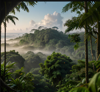 Tropical Wall Mural, Tropical Landscape Mural Design, Plam Trees, Birds, Peacock, Watercolor Background.generative ai