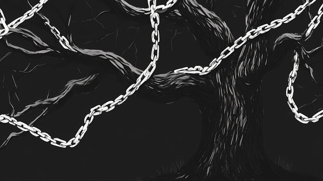 A black background with white chains in an abstract pattern symbolizes strength and struggle. Strength - Tree. Illustration