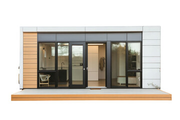 Modern House Exterior with Glass Doors and Wooden Deck in Daylight