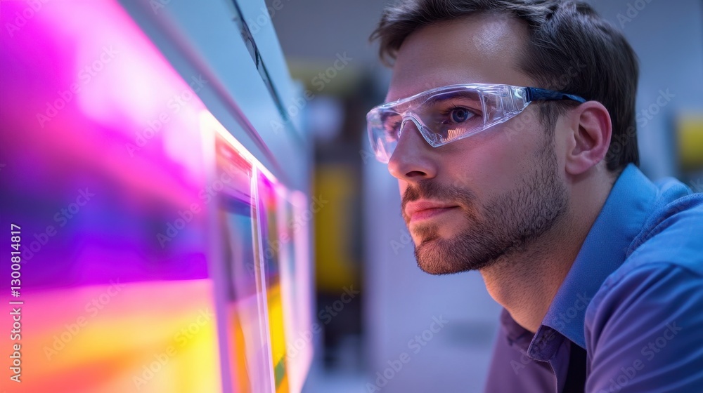 Poster technician inspecting color quality in professional setting