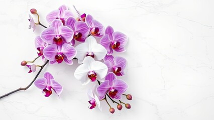 Beautiful Purple and White Orchid Flowers on Marble Background