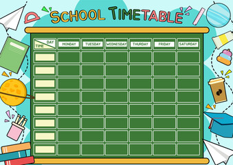 School timetable template with cartoon school supplies style. Back to school schedule for kids.