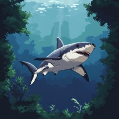 Fototapeta premium Great White Shark Swimming Underwater Ocean Depths