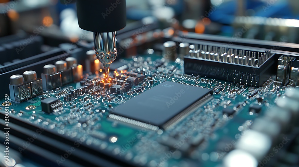 Poster a detailed close-up of microprocessors being attached to a motherboard using precision laser solderi
