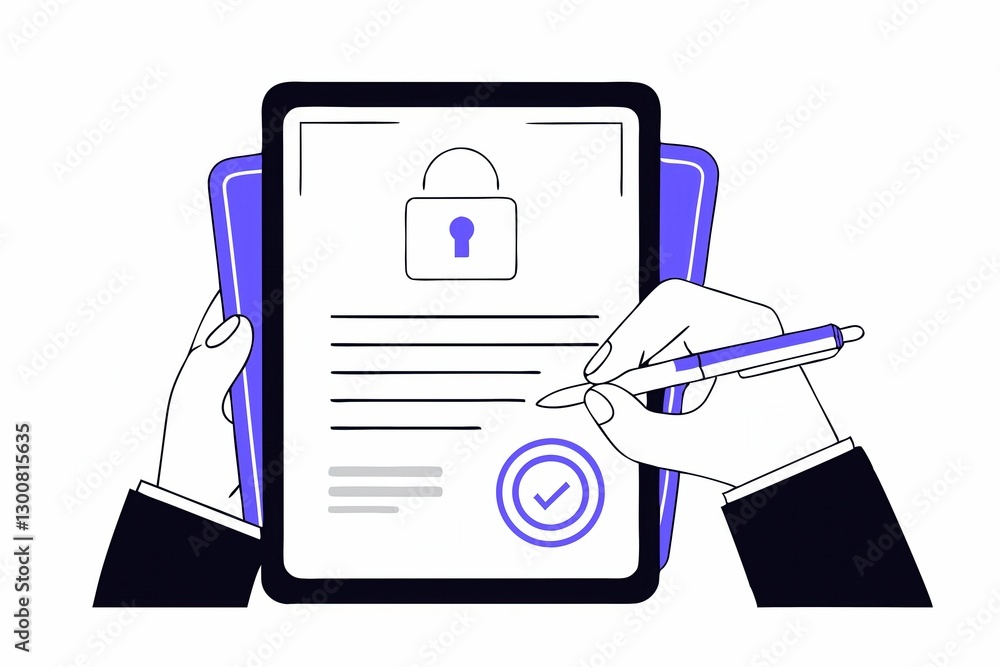Poster a person is signing a secure document on a tablet, emphasizing privacy and verification with a locke