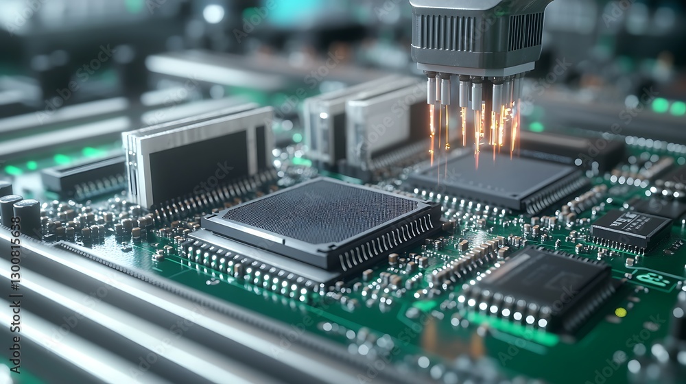 Poster a detailed close-up of microprocessors being attached to a motherboard using precision laser solderi