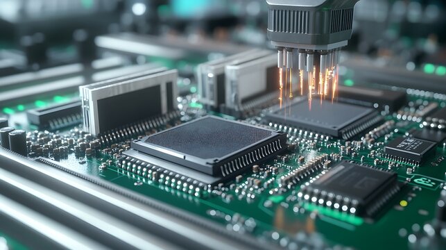 A detailed close-up of microprocessors being attached to a motherboard using precision laser soldering in a modern manufacturing unit