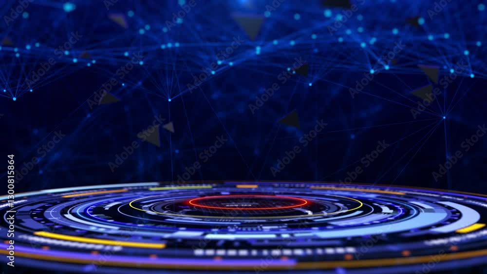 Poster HUD hologram circle elements spinning with blue low poly organic wave. Technology data system connection interface 4K motion.