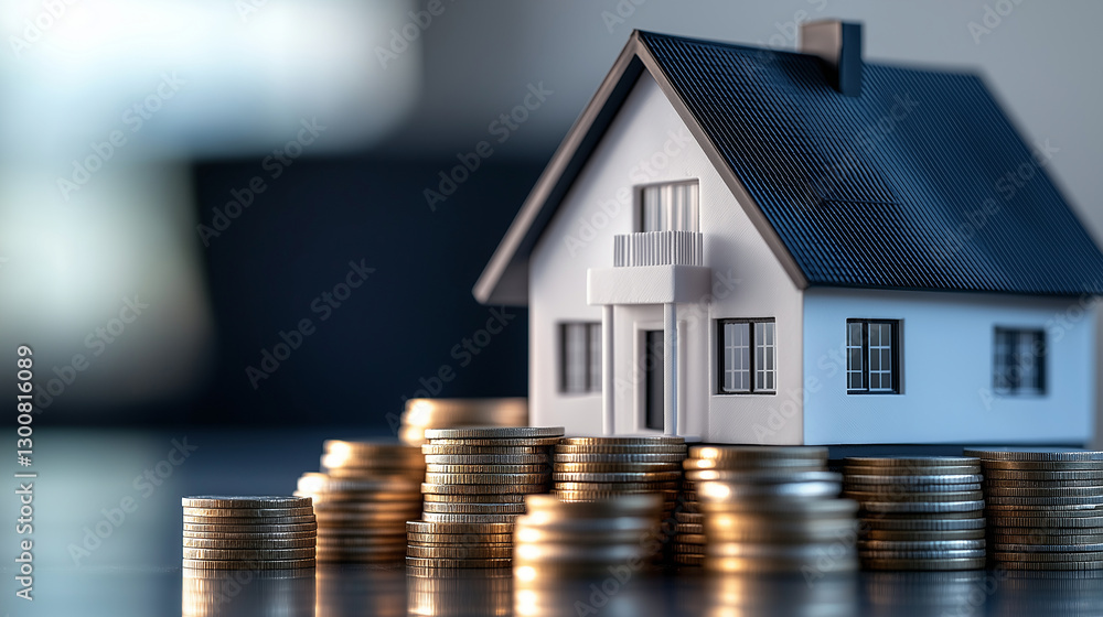 Poster a realistic 3d-rendered image of a model house standing on a platform of neatly arranged stacks of c