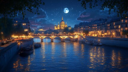 Obraz premium A serene hyper-realistic view of the Seine River at night, with soft moonlight reflecting on the calm water, Parisian bridges glowing softly, and streetlights casting warm hues along the embankments.