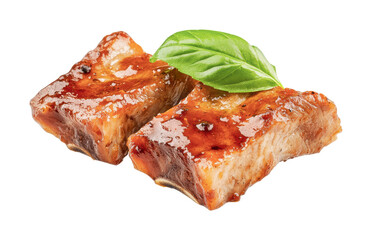 Tasty barbecue ribs garnished with fresh basil ready to serve for a delicious meal or gathering, cut out