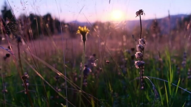 Meadow with beautiful wildflowers under a sunset sky. Soft, shallow focus.