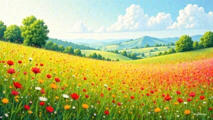 Spring landscape: blooming green bright colorful fields. Cleansing, renewal, purity, freshness, youth