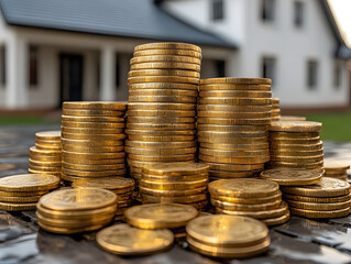 Miniature House Model Placed on a Pile of Money Illustrating Real Estate Investment and Financial Planning at a Home Office Setting