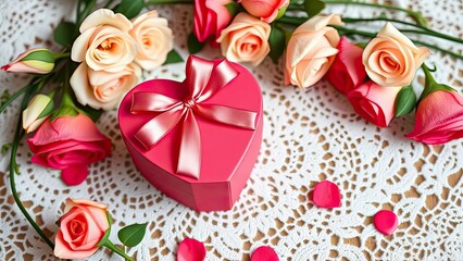 Naklejka premium Romantic Heart Gift Box with Roses Valentine s Day Love Flowers