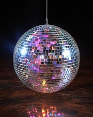 Obraz premium A close-up shot of a shimmering disco ball resting on a rustic wooden table, reflecting vibrant light patterns. The warm wood contrasts beautifully with the sparkling glass facets.