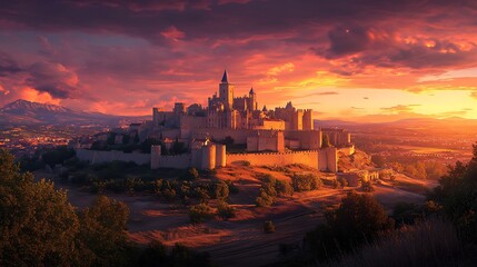 A serene twilight shot of Carcassonne's ancient fortress, illuminated warmly against a richly colored sky, with shadows softly falling over the surrounding fields and hills, hyper-realistic.