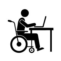 Fototapeta premium Man working on wheelchair at desk with laptop