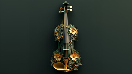 VINTAGE violin decorated all around with three-dimensional flowers AND LEAVES in green and gold colors, beautiful and pleasant lighting.