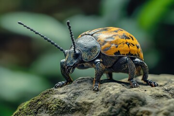 Close up view of a vibrant orange and black beetle