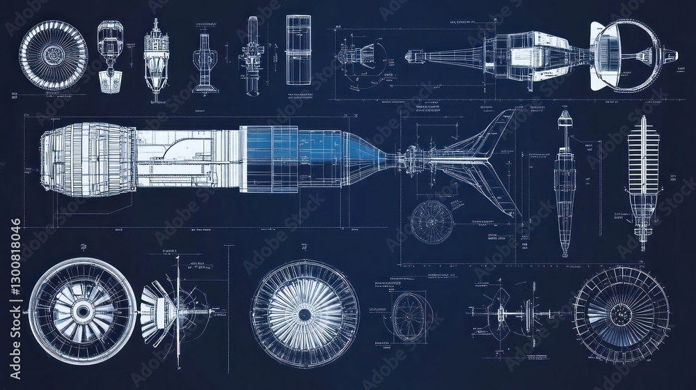 Poster technical blueprint of a rocket or missile with detailed schematics and components.