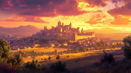 A serene twilight shot of Carcassonne's ancient fortress, illuminated warmly against a richly colored sky, with shadows softly falling over the surrounding fields and hills, hyper-realistic.