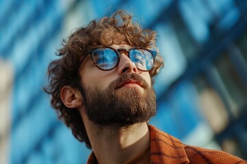 Man with glasses admires urban architecture