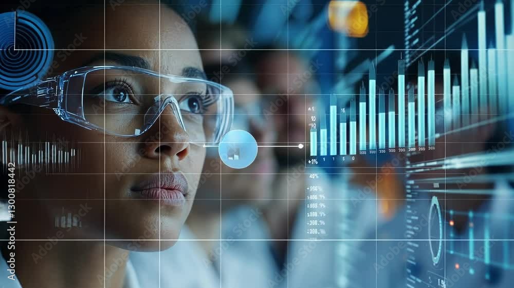 Poster focused scientist wearing protective eyewear examines complex data on a digital interface. highlight