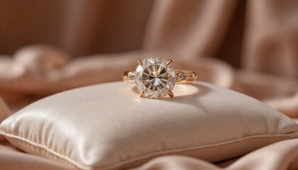 Elegant diamond ring on soft cushion against silky background