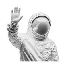 Futuristic astronaut waving in a white space suit for creative design and technology themes, cut out