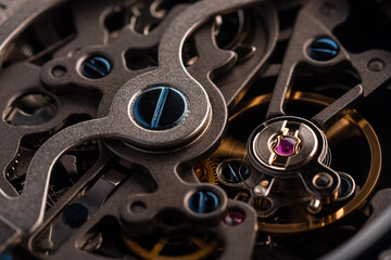 skeleton type mechanical wristwatch, close-up macro