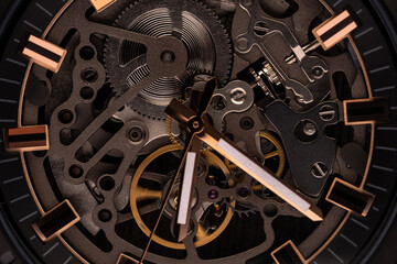 skeleton type mechanical wristwatch, close-up macro