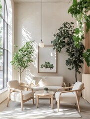 Interior scene features a modern designed room with plants and furniture