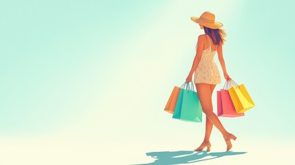 Happy Woman with Shopping Bags Walking on a Street, Flat Design Illustration with Colorful and Vibrant Style, Sunny Day Mood, High Resolution and Detail