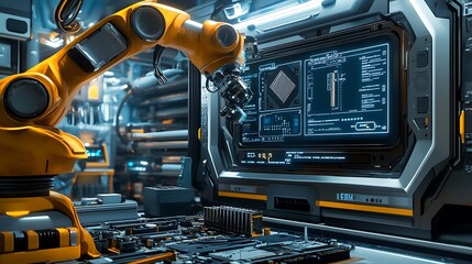 Fototapeta premium A futuristic industrial robot attaching heat sinks to motherboards while diagnostic screens display progress under ambient lighting