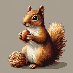 Obraz premium Pixelated Squirrel Holding Nut Near Walnuts