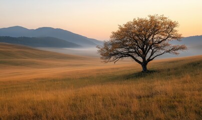 Solitary Tree in Golden Field at Sunrise with Misty Valley and Mountain Background