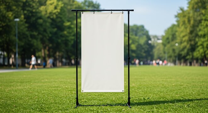 Blank vertical outdoor banner on a metal stand in a green park, ideal for branding, advertising, or promotional displays.