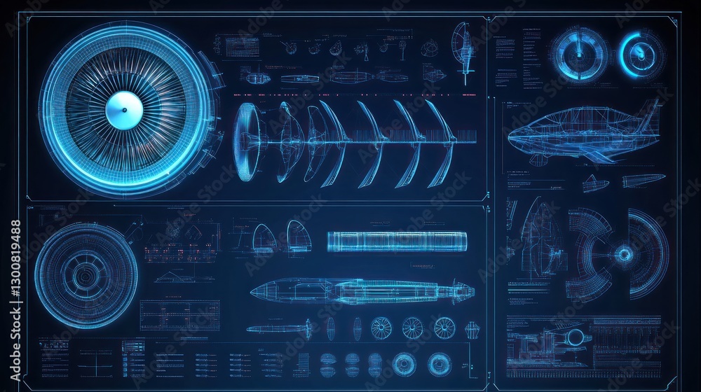 Poster futuristic blueprint displaying a jet engine and various technical components.