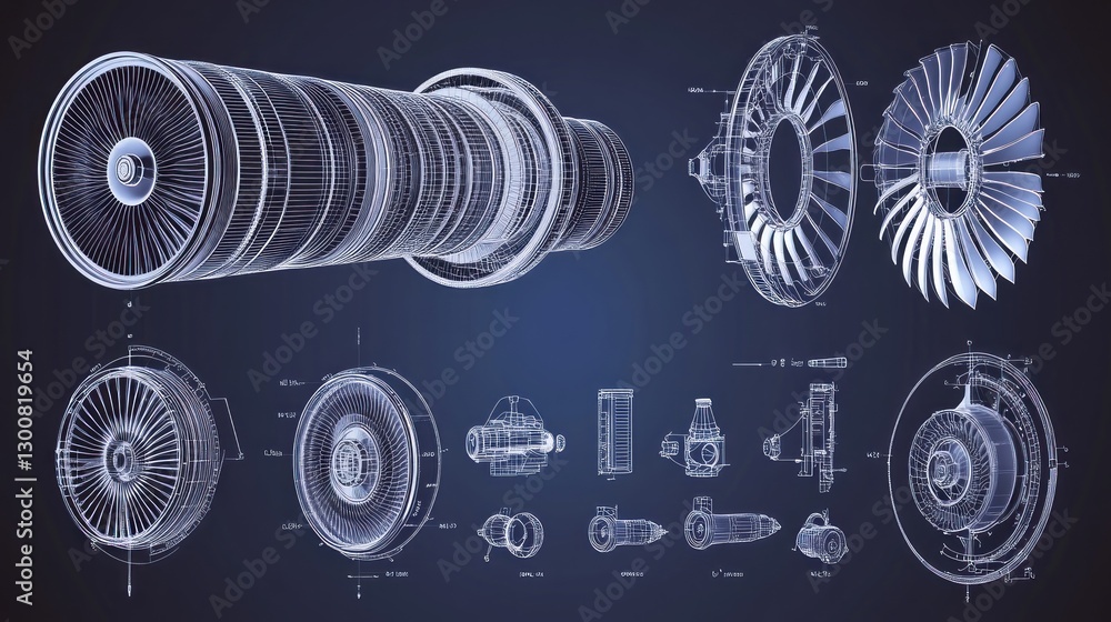 Poster a technical illustration showcasing the components of a jet engine in a blueprint style.