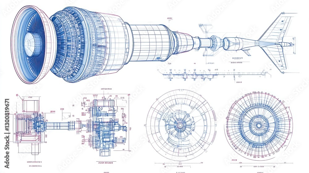 Poster technical blueprint of a jet engine showcasing detailed design and engineering specifications.