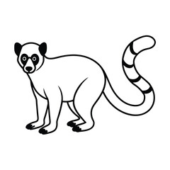 Fototapeta premium Five black and white line drawings of lemurs in various poses with striped tails 