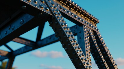 Close-Up View of Industrial Steel Structure with Rivets under Clear Blue Sky during Daylight