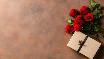 Red roses, gift, brown background