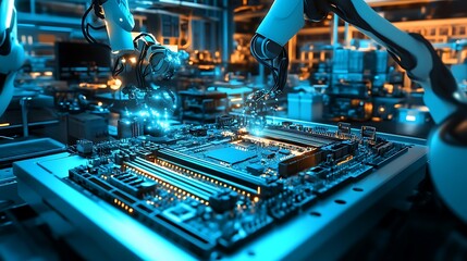 A futuristic manufacturing setup where motherboards are being cooled and tested by advanced robots glowing under soft blue light