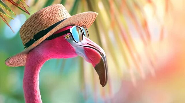 Bright pink flamingo in sunglasses with a hat on a bright blurred background, concept of summer holidays, tourism, banner with copyspace
