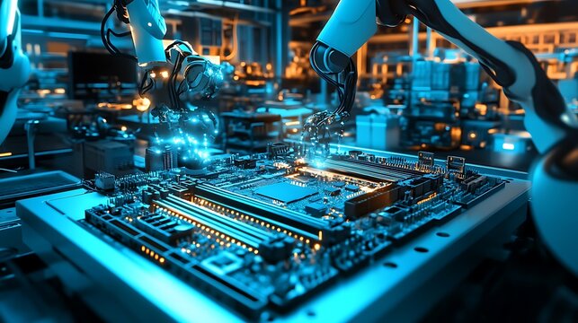 A futuristic manufacturing setup where motherboards are being cooled and tested by advanced robots glowing under soft blue light