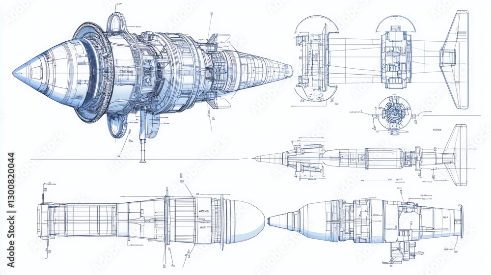 Poster technical blueprint of a jet engine showcasing detailed components and design.